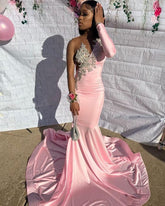 Pink Unique Long Mermaid Prom Party Dress