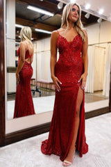 Red Blue Sequin Spaghetti Straps Mermaid Long Formal Evening Dress