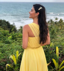 Yellow One Shoulder Long Prom Evening Dresses Sexy Unique Formal Gowns