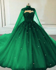 Emerald Crystal Ball Gown Quinceanera Dress with Cape