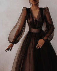 Simple Prom Dress Fashion Evening Dress with Bubble Sleeves