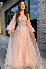 Pink Tulle Strapless Puff Sleeve A-Line Prom Dress