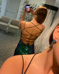 Glamorous Sheath V Neck Straps Dark Green Sequin Party Prom Dresses