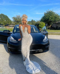 Silver Mermaid Evening Gowns for Women Formal Party Prom Dresses