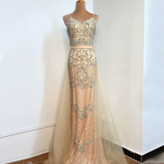 Champagne Sequined Mesh Prom Dress with Sleeveless A Line Backless Style