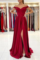 Off-The-Shoulder Burgundy Prom Dress with Slit Elegant Formal Evening Gown