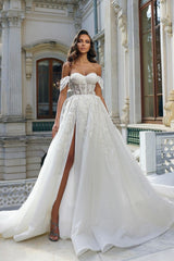 Elegant Long A-Line V-Neck Wedding Dress with Open Back and Tulle