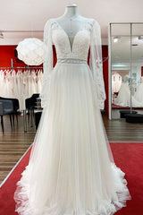 Elegant Sweetheart A-Line Wedding Dress with Sleeves, Tulle, Appliques & Beadings