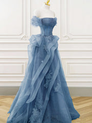 Elegant Gray Blue Off Shoulder Tulle Lace Long Prom Formal Gown
