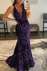 Elegant Purple Sequin Mermaid Prom Dress V-Neck Evening Gown