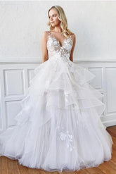 Elegant A-Line V-Neck Lace Wedding Dress with Spaghetti Straps