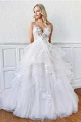 Elegant A-Line V-Neck Lace Wedding Dress with Spaghetti Straps