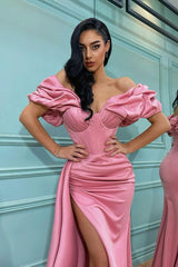 Elegant Pink Off-Shoulder Mermaid Prom Dress with Slit for Special Occasions
