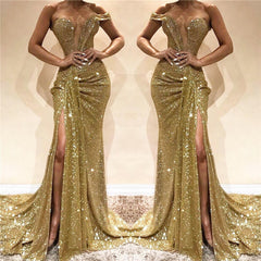 Elegant One-Shoulder Golden Sequin Prom Dress with Side Slit for Formal Events