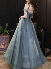 Gray Blue Tulle Long Prom Dress Sweetheart Neck Evening Gown
