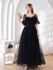 Elegant Black A-Line Tulle Prom Dress with Lace-Up Back, Floor-Length, Built-In Bra