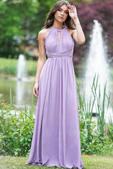 Elegant Lilac Halter Sleeveless A-Line Open Back Prom Dress