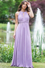 Elegant Lilac Halter Sleeveless A-Line Open Back Prom Dress