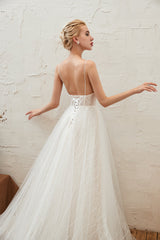 Elegant A-Line V-Neck Lace Tulle Wedding Dress with Open Back and Floor Length