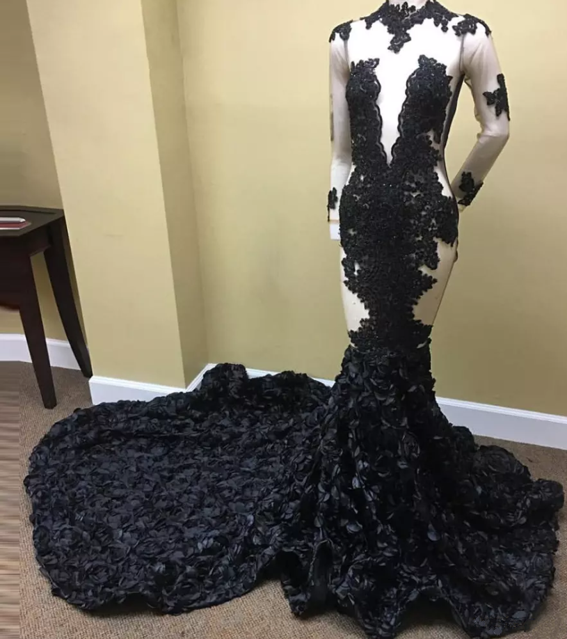 Elegant Black Satin Mermaid Evening Gown with Long Sleeves and Shiny Crystals