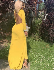 Elegant Red Long Sleeve Open Back Mermaid Prom Dress Gown