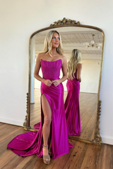 Fuchsia Bateau Sleeveless Prom Dress with Appliques and Slit for Special Occasions