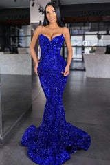 Sparkling Royal Blue Mermaid Prom Dress with Spaghetti Straps and Sequins