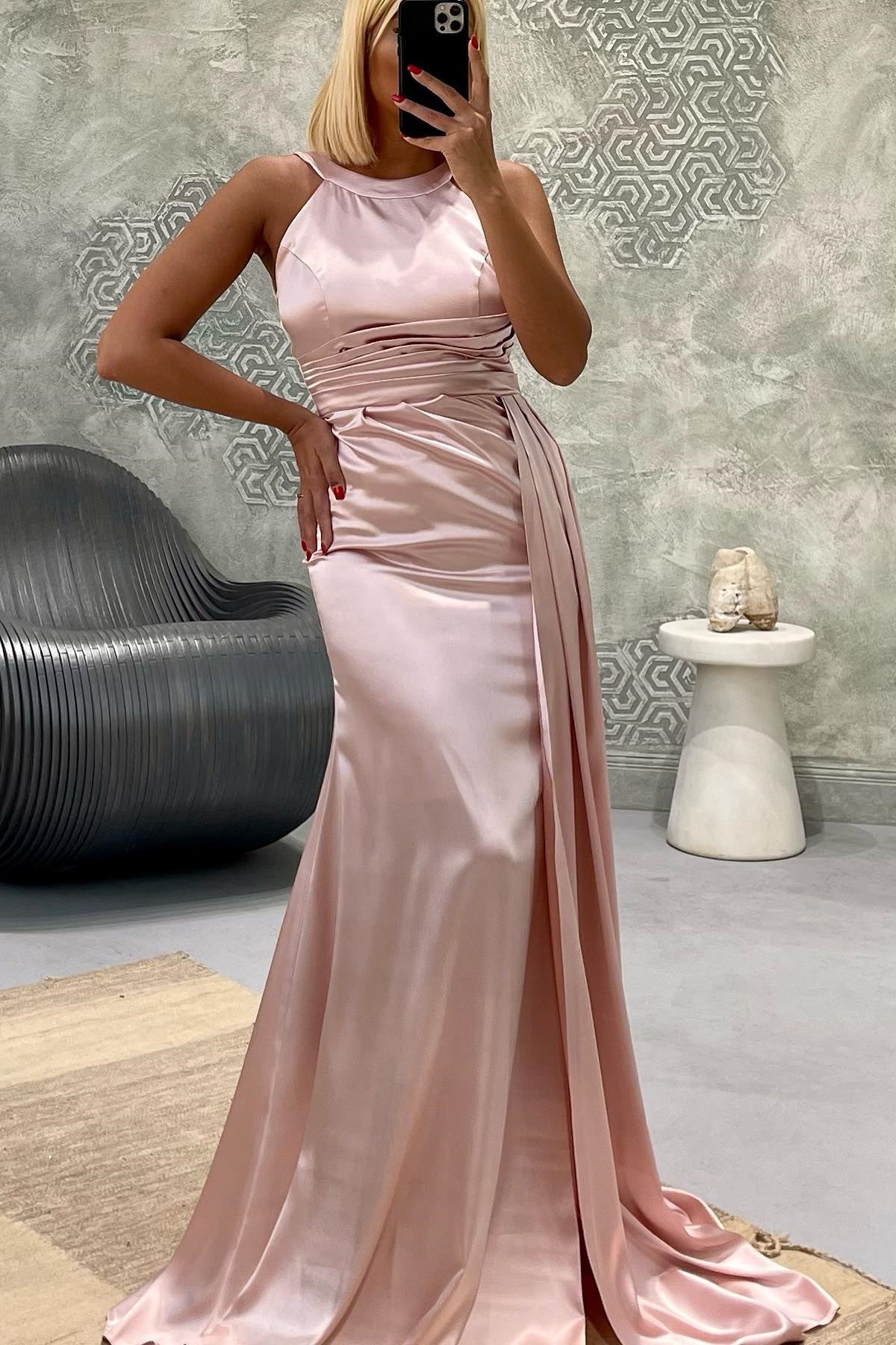 Elegant Jewel Halter Mermaid Prom Dress with Pleats