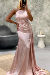 Elegant Jewel Halter Mermaid Prom Dress with Pleats