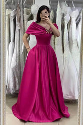 Stunning Fuchsia Off-Shoulder A-Line Prom Dress with Delicate Beading Embellishments