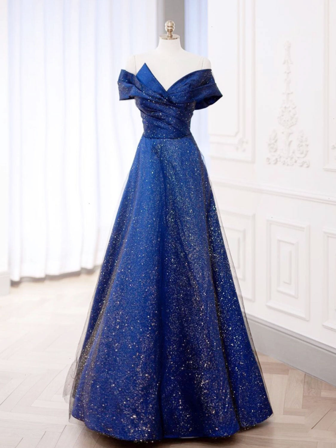 Elegant Dark Blue Tulle Satin Long Prom Dress Evening Gown Elegant Dark Blue Tulle Satin Long Prom Dress Evening Gown