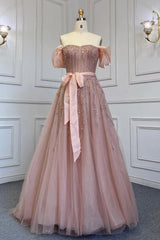 Pink Off-the-Shoulder Sequin Prom Dress with Bubble Sleeves and Tulle Belt