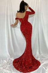 Stunning Red One-Shoulder Sequin Mermaid Prom Dress with Elegant High Split