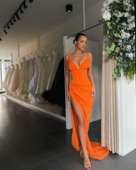 Blushing Pink Pleated V-Neck Prom Dress with High Slit Gown