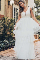 Sleeveless Layered Tulle Wedding Dress with V-Neck A-Line Skirt