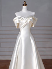 A-Line Off Shoulder Satin Beige Long Prom Formal Evening Dress