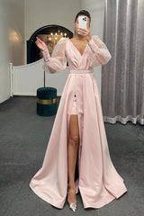 Elegant Long Puff Sleeve A-Line Evening Dress with Thigh Slit