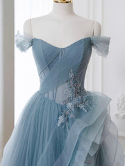 Elegant Gray Blue A-Line Off Shoulder Tulle Lace Prom Dress