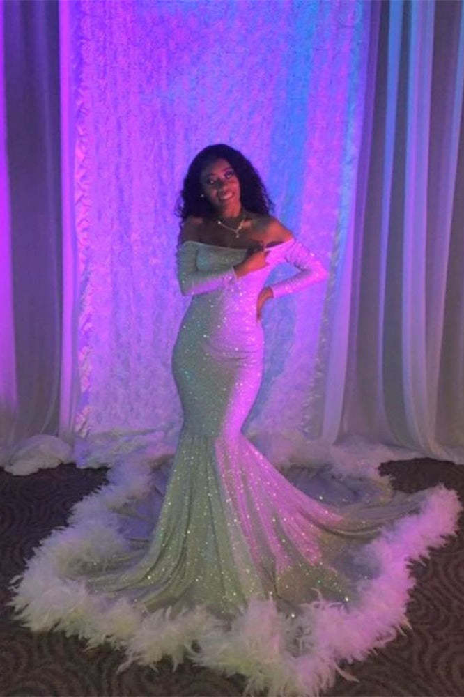 Off-the-Shoulder Sequin Mermaid Prom Dress with Feathery Long Sleeves