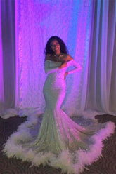 Off-the-Shoulder Sequin Mermaid Prom Dress with Feathery Long Sleeves