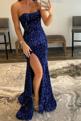 Elegant Royal Blue Strapless Sequin Mermaid Prom Gown with Thigh Split