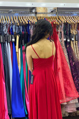 Spaghetti Strap Red Long Prom Dress with Slit Formal Gown