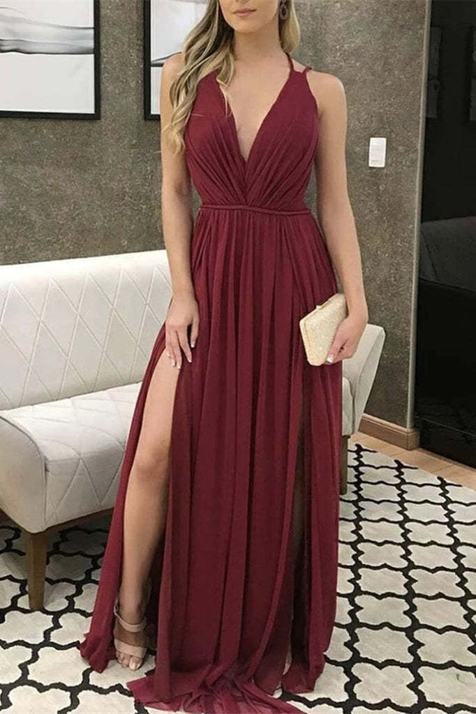 Elegant V-Neck Burgundy Chiffon Prom Dress with Slit for Special Occasions