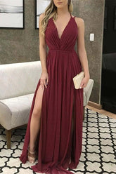 Elegant V-Neck Burgundy Chiffon Prom Dress with Slit for Special Occasions