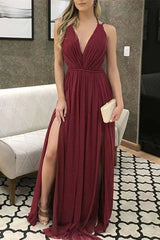 Elegant V-Neck Burgundy Chiffon Prom Dress with Slit for Special Occasions