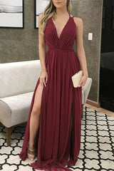 Elegant V-Neck Burgundy Chiffon Prom Dress with Slit for Special Occasions