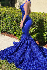 Royal Blue Halter V-Neck Open-Back Sleeveless Mermaid Prom Dress Evening Gown