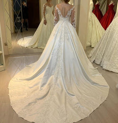A-Line Sweetheart Neck Wedding Dress Long Sleeves Pearl Satin Appliques Lace