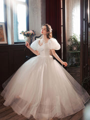 White Tulle Puffy Sleeves Long Prom Dress Sweet 16 Gowns