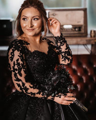 Elegant Black Ball Gown Wedding Dress with Long Sleeves and Appliques